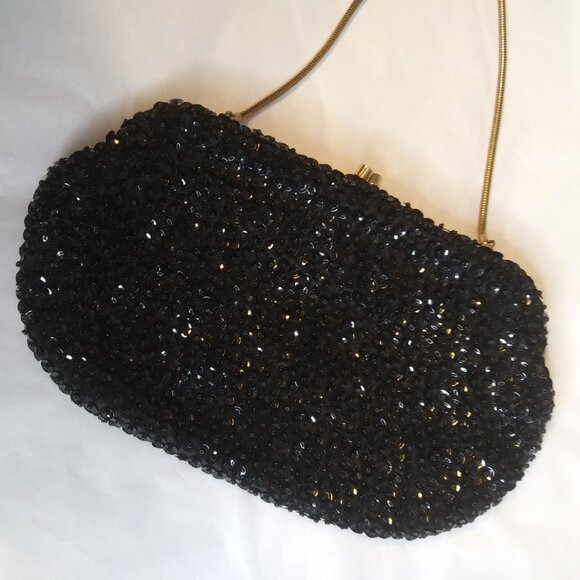 Vintage made in Hong Kong  black Beaded and Sequined clutch handbag kiss clasp - Picture 6 of 17